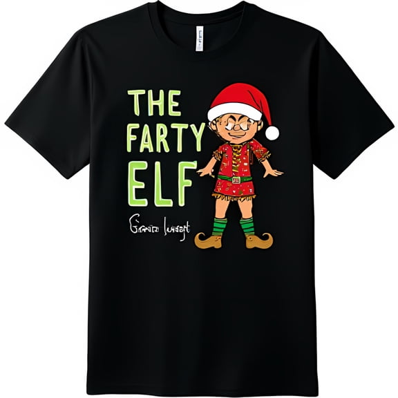 Funny Black T-Shirt with Cartoon in Santa Hat The Farty Design