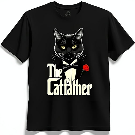 Funny Black T-Shirt with Cat Holding Rose The Catfather Graphic