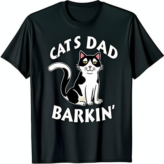 Funny Black T-Shirt with 'Cats Dad Barkin'' Graphic & Cartoon Cat Design