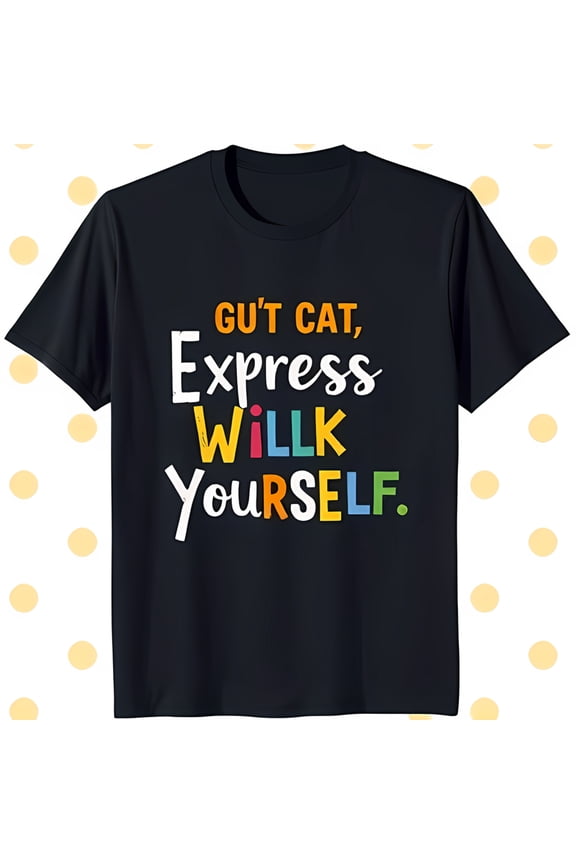 Funny Black T-Shirt with Colorful 'Gu't Cat Willk Yourself' Design Relaxed Fit