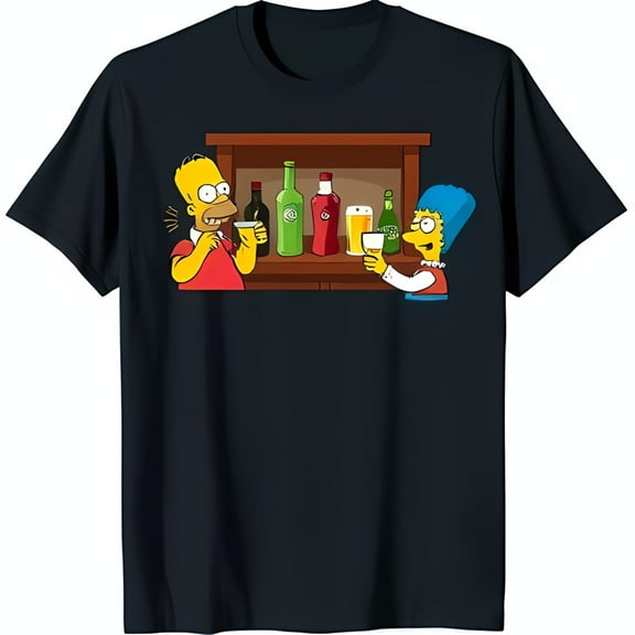 Funny Black T-Shirt with Colorful Homer and Marge Bar Graphic
