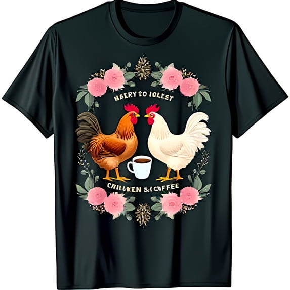 Funny Black T-Shirt with Colorful Rooster & Coffee Graphic for Coffee Lovers