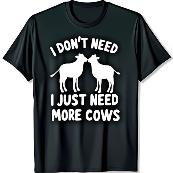 Funny Black T-Shirt with Cow Graphic: 'I Don't Need Just More Cows'