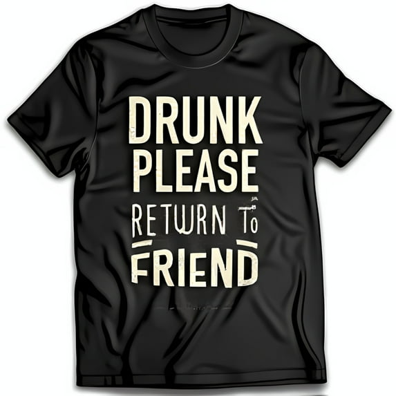 Funny Black T-Shirt with Drunk Please Return To Friend Graphic Casual Party Wear