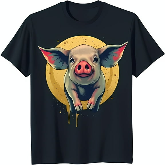 Funny Black T-Shirt with Flying Pig Graphic & Yellow Unique Design