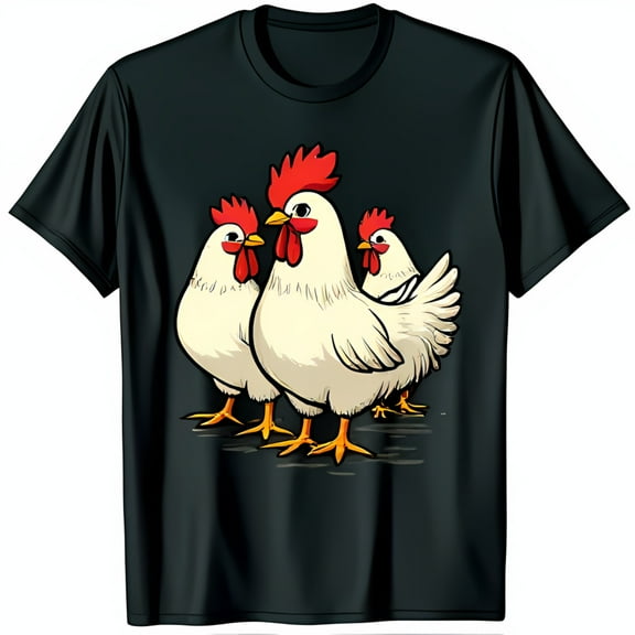 Funny Black T-Shirt with Graphic of Three Chickens in a Row for Animal Lovers