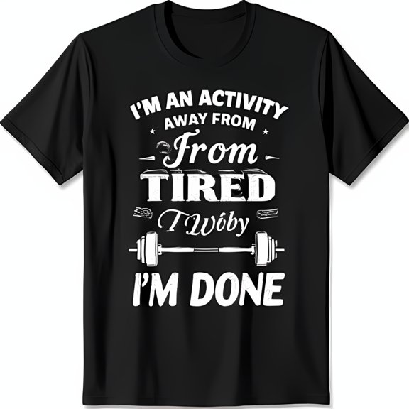 Funny Black T-Shirt with I m an Activity Away from Tired Graphic & Barbell Design