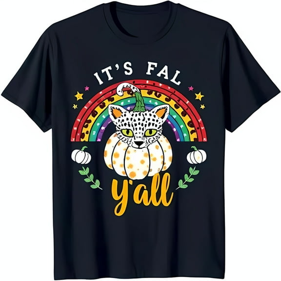Funny Black T-Shirt with 'It's Fall Y'all' Design Cat in Pumpkin & Rainbow