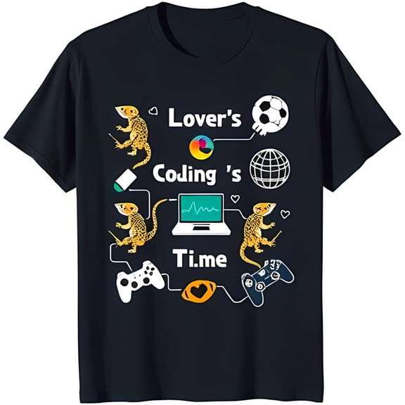Funny Black T-Shirt with Laptop Game Controllers Soccer Ball & Lizards 'Lover's Coding's ' Design