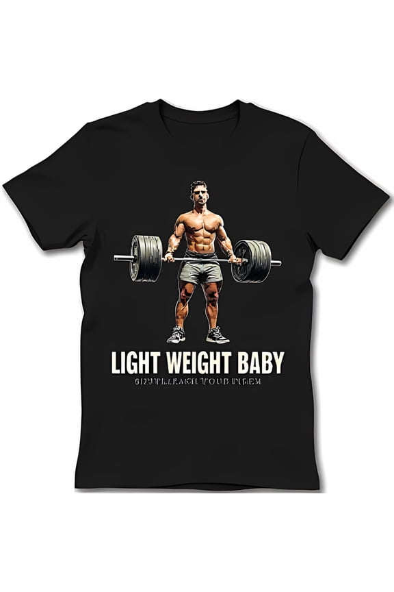 Funny Black T-Shirt with Light Weight Graphic Ripped Man Lifting Barbell
