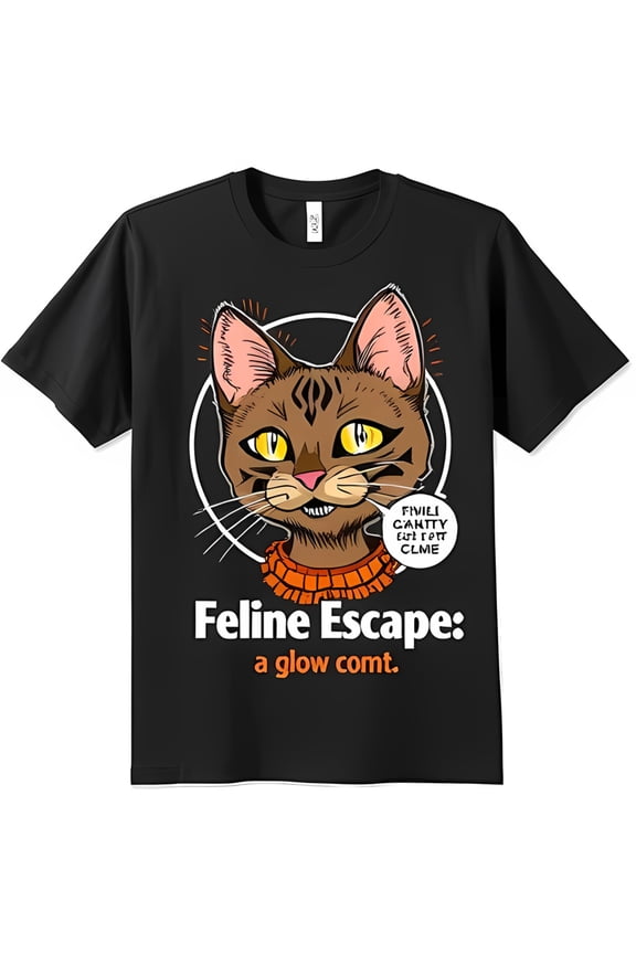 Funny Black T-Shirt with Mischievous Cartoon Cat Collar Feline Escape a glow comt Design for Cat Lovers