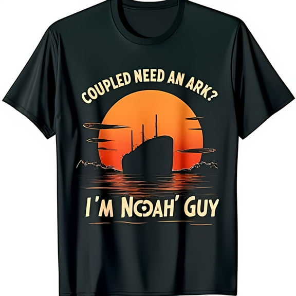 Funny Black T-Shirt with Noah's Ark Sunset Graphic 'Coupled Need An Ark?' Design