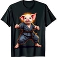 thumbnail image 1 of Funny Black T-Shirt with Pig in Karate Gi & Black Belt Graphic for Martial Fans, 1 of 5