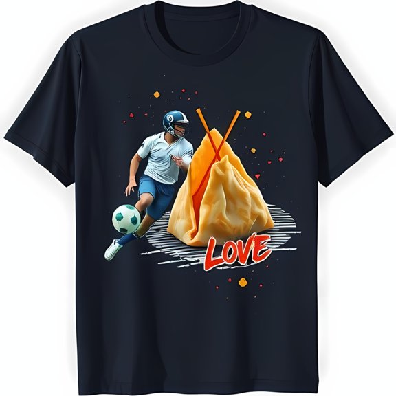 Funny Black T-Shirt with Player Kicking Soccer Ball at 'LOVE' Wonton