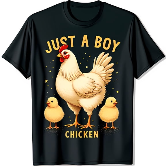 Funny Black T-Shirt with Playful Hen and Chicks Graphic 'Just a Boy Chicken'