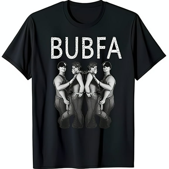 Funny Black T-Shirt with Retro BUBFA Graphic Design and Band Posing Men