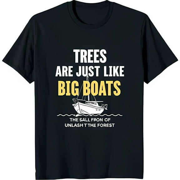 Funny Black T-Shirt with Sailboat Graphic 'Trees are Just Like Big Boats'