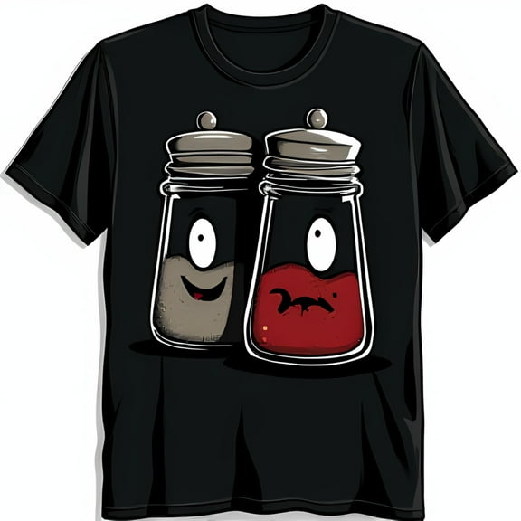 Funny Black T-Shirt with Salt and Pepper Shakers Graphic Smiling & Frowning Design