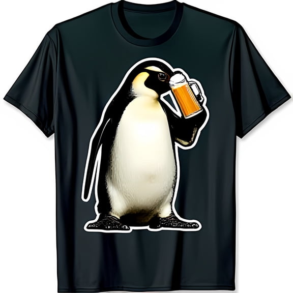 Funny Black T-Shirt with Smiling Penguin Holding Graphic Comfortable Fit