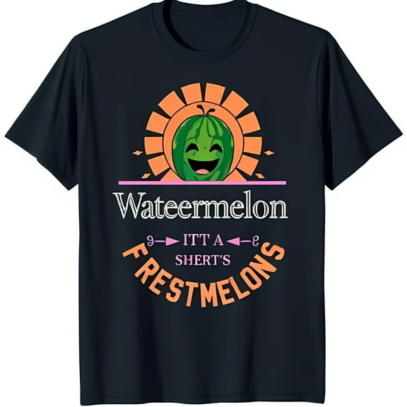 Funny Black T-Shirt with Smiling Watermelon Graphic 'ITT A SHERT'S FRESTMELONS' Parody Design