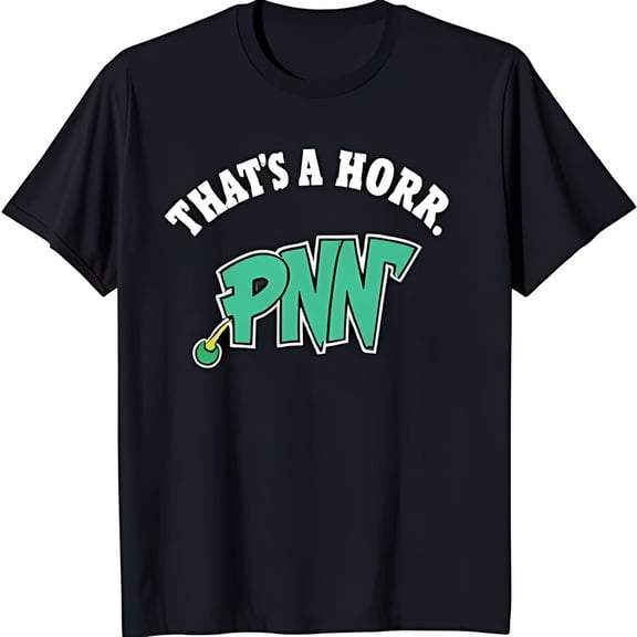 Funny Black T-Shirt with 'That's a Horr' and Cartoonish 'PNN' Design