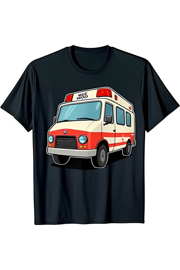 Funny Black T-Shirt with White Ambulance Graphic & WEE WOO Text