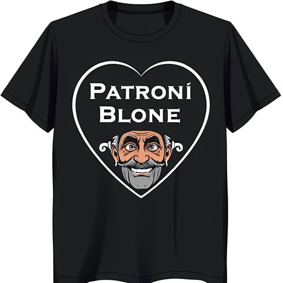 Funny Black T-Shirt with White Heart Graphic Mustached Man & 'Patroní Blone'