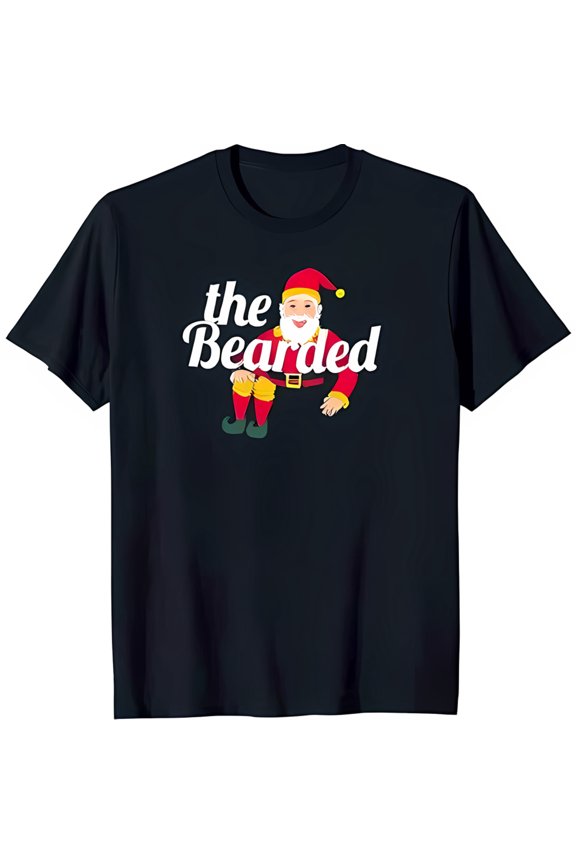 Funny Black T-Shirt with 'the Bearded' Graphic & Santa Claus Cartoon