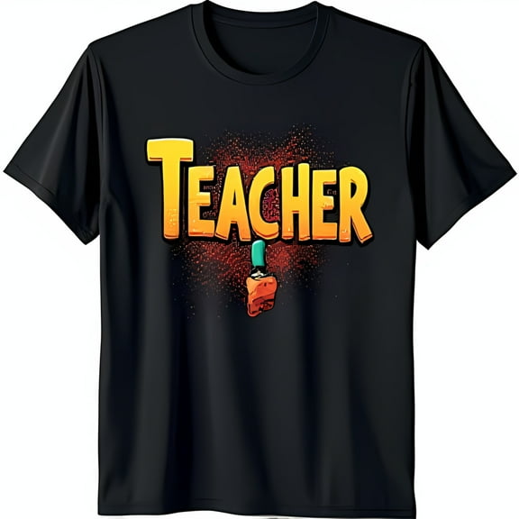 Funny Black Teacher T-Shirt with Bold TEACHER Design & Colorful Pencil