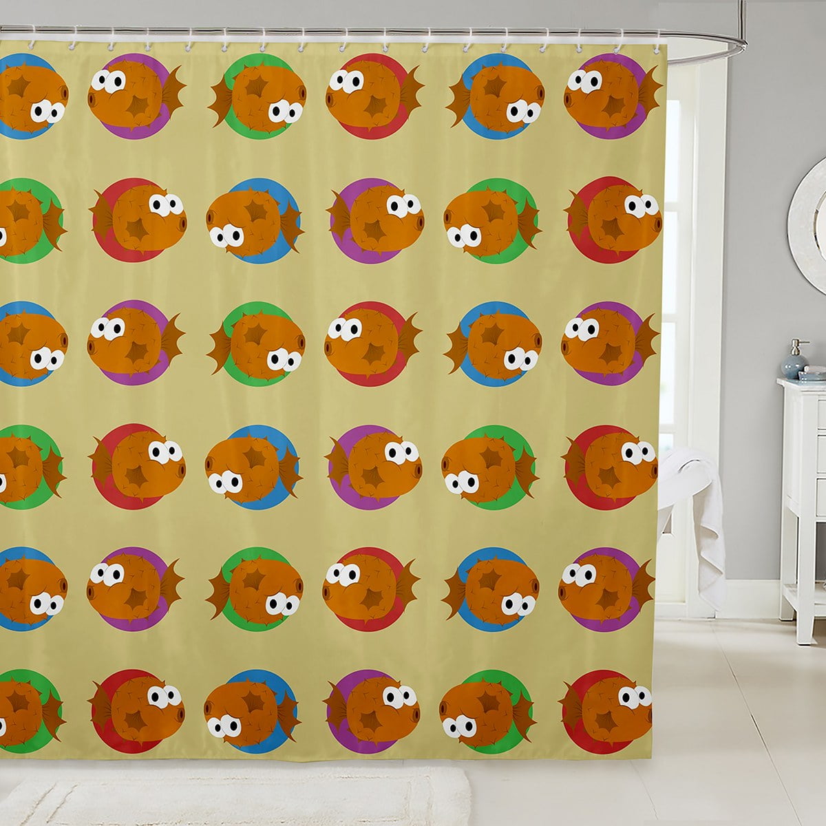Funny Blowfishes Fabric Shower Curtain 72"Wx84"L Kids Cute Cartoon Sea Animal Shower Curtain