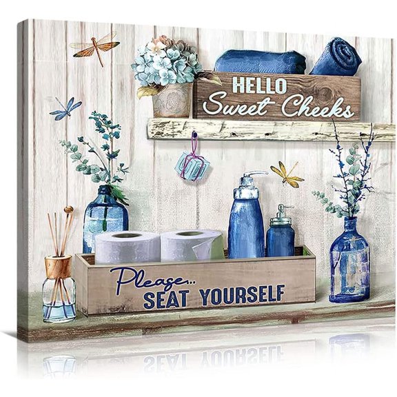 Funny Blue Farmhouse Bathroom Canvas Wall Art Hello Sweet Cheeks Please Seat Yourself Hydrangea Dragonfly Rustic Bath Decor Framed Print Ready to Hang for Powder Room Restroom