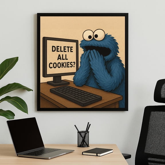 Funny Blue Monster Poster, Delete All Cookies Meme Print, Tech Humor Office Wall Art, Geeky, Poster Only
