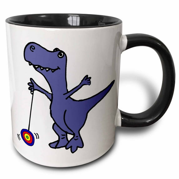 3drose, Funny Blue T-rex Dinosaur Playing with Yoyo Cartoon, 11oz Two-tone Black Mug