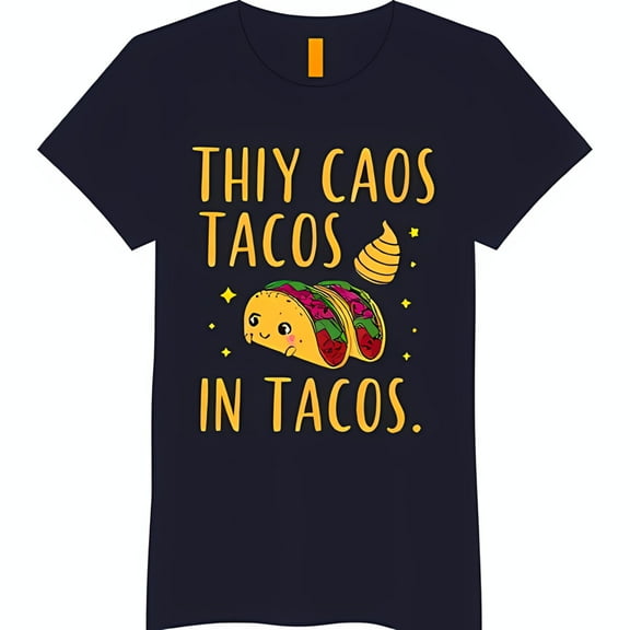 Funny Blue T-Shirt with 'Thy Caos Tacos In Tacos' Graphic & Cartoon Tacos