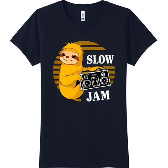 Funny Blue T-Shirt with Yellow Sloth Holding Boombox 'Slow Jam' Graphic Tee