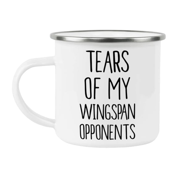 Funny Board Game Mug, Tears Of My Wingspan Opponents, 12Oz White Enamel Camping Mug, Novelty Gift For Wingspan Players