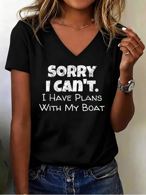 Funny Boating Joke I Have Plans Boat Lake Lover Saying V Neck T-Shirt Cotton Women's V Neck Graphic Tee, Casual Short Sleeve Shirt,Vacation Outfit