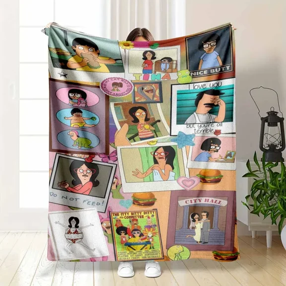 Funny Bob's Burgers Collage Blanket Belcher Family Photo Scrapbook Print Soft Flannel Fleece Throw Tina Quotes Pattern Gift For TV Show Fan