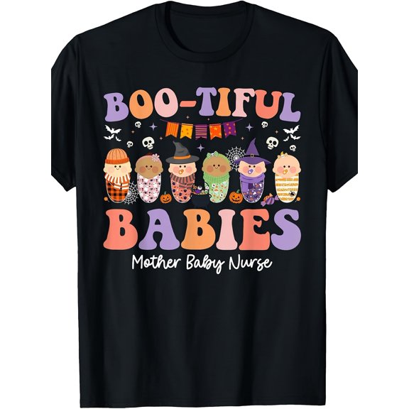 Funny Boo-tiful Babies Mother Baby Nurse Halloween T-Shirt for Women, Cute Spooky Newborn Nurse Graphic Tee, Casual Fall Workwear Gift for Mother Baby Nurses and Healthcare Lovers