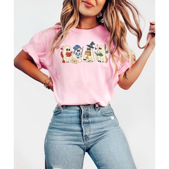 Funny Bookish Ghost Shirt, Teacher Halloween Gift Shirt, Halloween Ghost Shirt, Bookworm Gift Tee, Halloween Reader Shirt, Reading Ghost Tee Light Pink