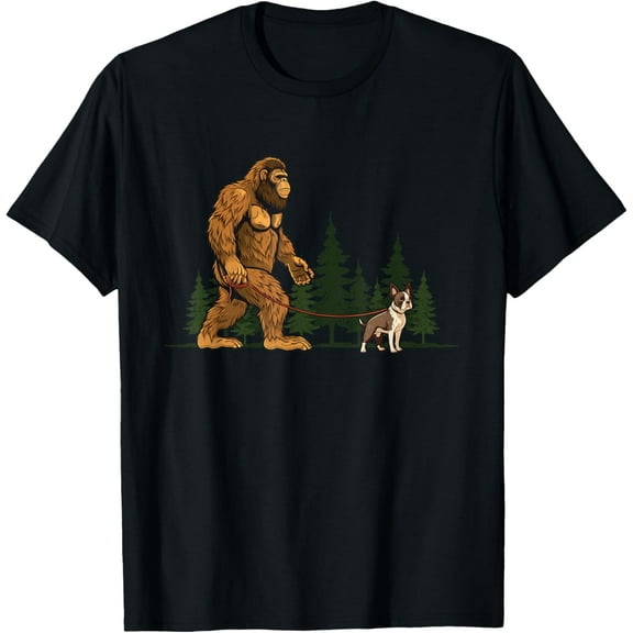 Funny Boston Terrier Bigfoot Dog Walking Dog Mom Dad Kids T-ShirtMen and women, White Black T-shirt, size: Extra large S-684XL