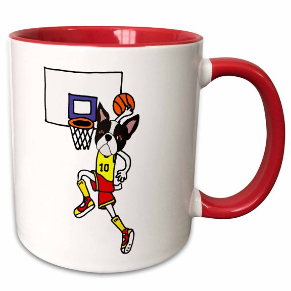 3drose, Funny Boston Terrier Playing Basketball and Slam Dunking Ball, 11oz Two-tone Red Mug