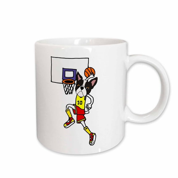 3drose, Funny Boston Terrier Playing Basketball and Slam Dunking Ball, 15oz Mug