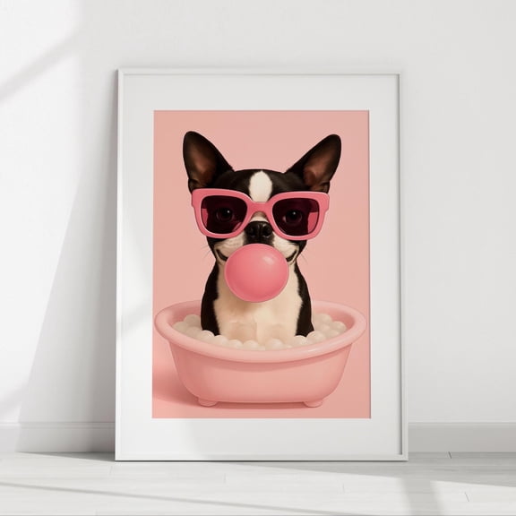 Funny Boston Terrier : Sunglasses Bubble Gum Dog Portrait Print Decor, Unframed Canvas Size 24x36