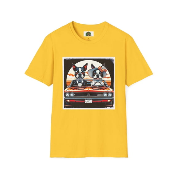 Funny Boston Terrier Unisex T-Shirt - Wacky Married Couple In Car Design