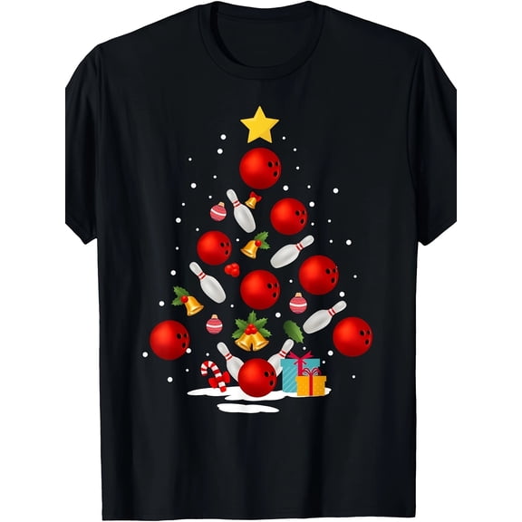 Funny Bowling Christmas Tree Lights Xmas Gifts For Men Women Short Sleeve T-Shirt