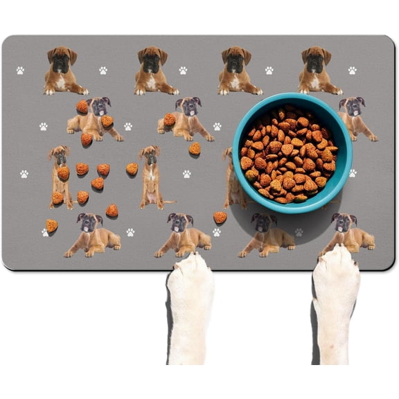 Funny Boxer Bowl Mat,Non Slip Dog Placemats Feeding Floor Mat for Food and Water