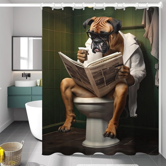 Funny Boxer Dog Bath Shower Curtain, Cute Dogs Reading Newspaper on Toliet Bathroom Curtain Washable Cloth Shower Curtain Sets with 12 Hooks Waterproof for Bathroom Decor, 66"x72"