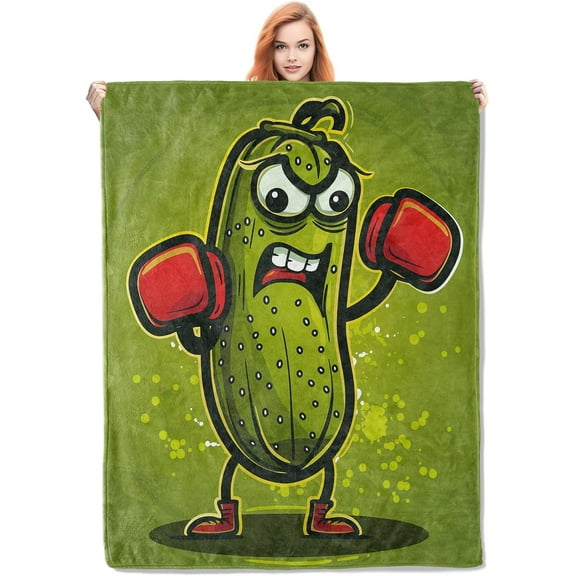 Funny Boxing Pickle Cartoon Flannel Blanket,Playful Green Soft Lightweight Throw Blankets Gifts for Women Kids Humor Enthusiasts,50 x 60 Perfect for Couch Bed Home Travel Decor