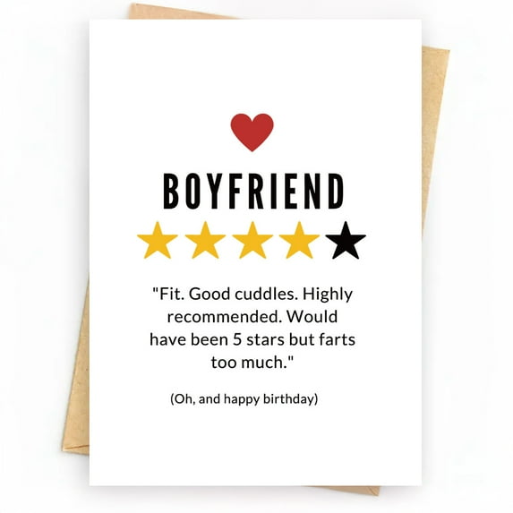 Funny Boyfriend Birthday Card – “Highly Recommended” Cuddle Review Design – Envelope Included, Blank Inside – Perfect for Celebrating Birthdays with Humor